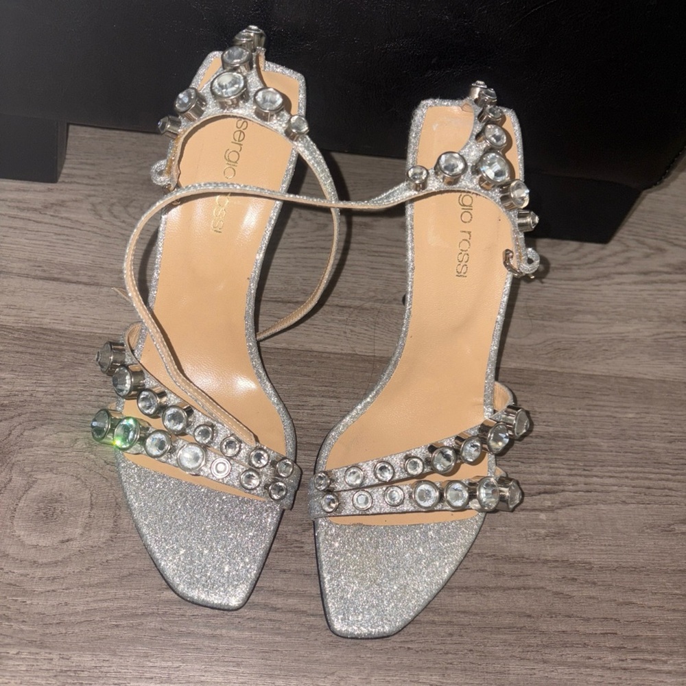 Sergio Rossi Glittering Silver Sandals with Crystal Accents